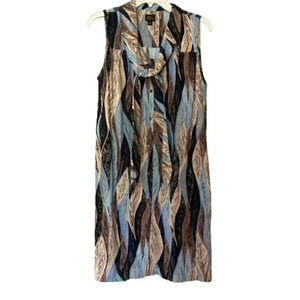 LL Bean Rayon Sleeveless Dress, Size 10 Abstract Leaf Pattern Fabric Tie at Neck